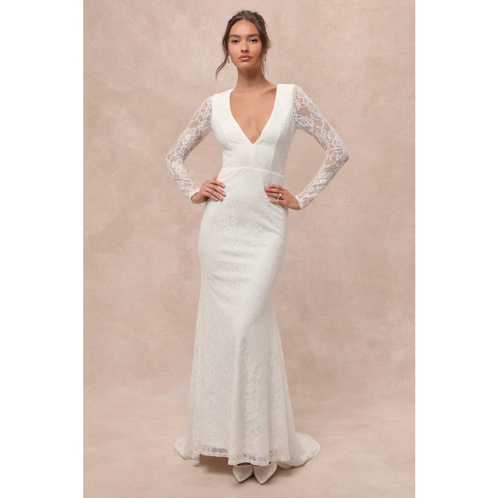 NWT Lulus Emmersyn White Lace Backless Maxi Dress Wedding Bride Bridal Size S